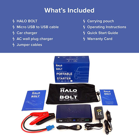 Halo Bolt Compact AC-DC 44400 mWh Jump Starter, Wireless Power Bank, and Power Adapter