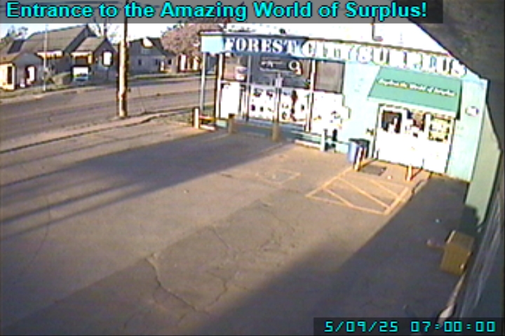 Outdoor security camera view of parking lot entrance to Forest City Surplus in London Ontario Canada!